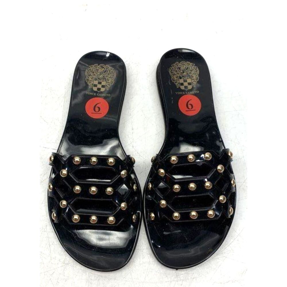 New Vince Camuto Black Patent Gold Studded Jelly Slide Sandals Women's Size 6